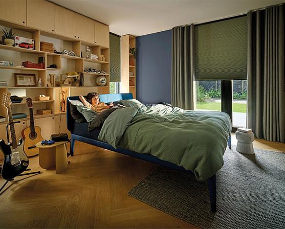 Luxaflex Duette Shades groen verduisterende overgordijnen slaapkamer tienerkamer jongens