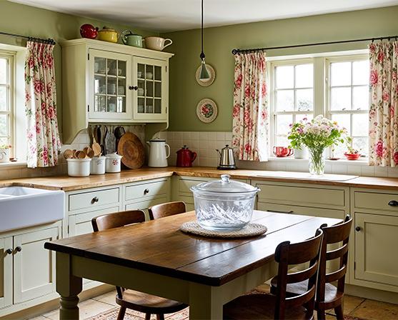 Gordijnen tot op de vensterbank landelijke keuken korte bloemetjesgordijnen