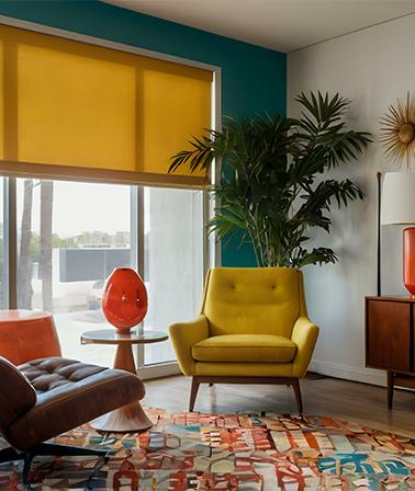 Retro geel rolgordijn gele stoel leren fauteuil mid century modern oranje vaas blauwe muur