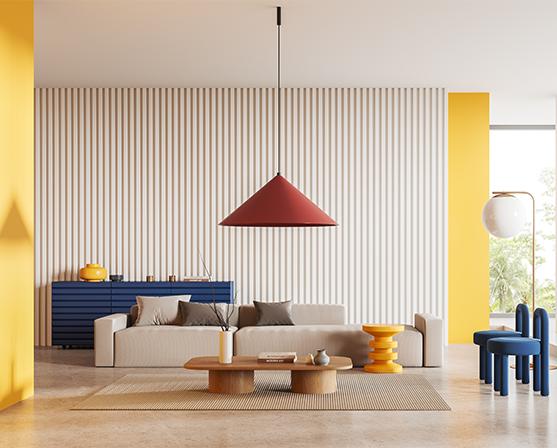 Dopamine decor gele wanden blauwe kast interieur rode poulsen biljart lamp blauwe stoelen inspiratie