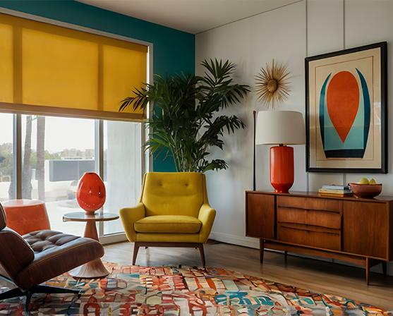 Geel rolgordijn in mid century modern interieur houten dressoir kast kentia palm
