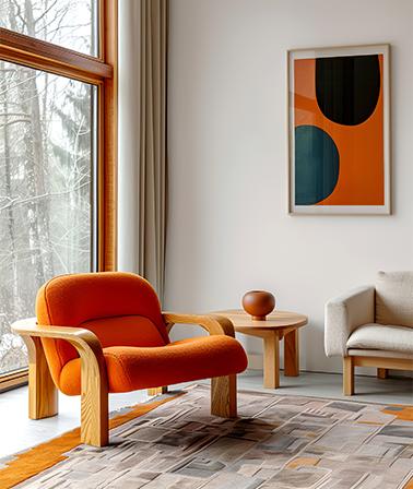 Mid century modern interieur met aardse tinten en een neutrale basis