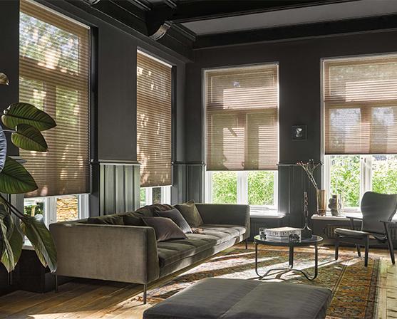 Luxaflex® Plissé Shades beige plisségordijnen dinkere muren interieur groene velvet bank