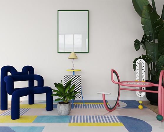 Dopamine decor interieur blauwe stoel roze stoel grafische patronen