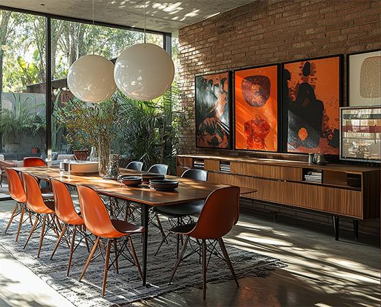 mid century modern interieur lange houten tafel oranje Vitra Eames DSR kuipstoelen