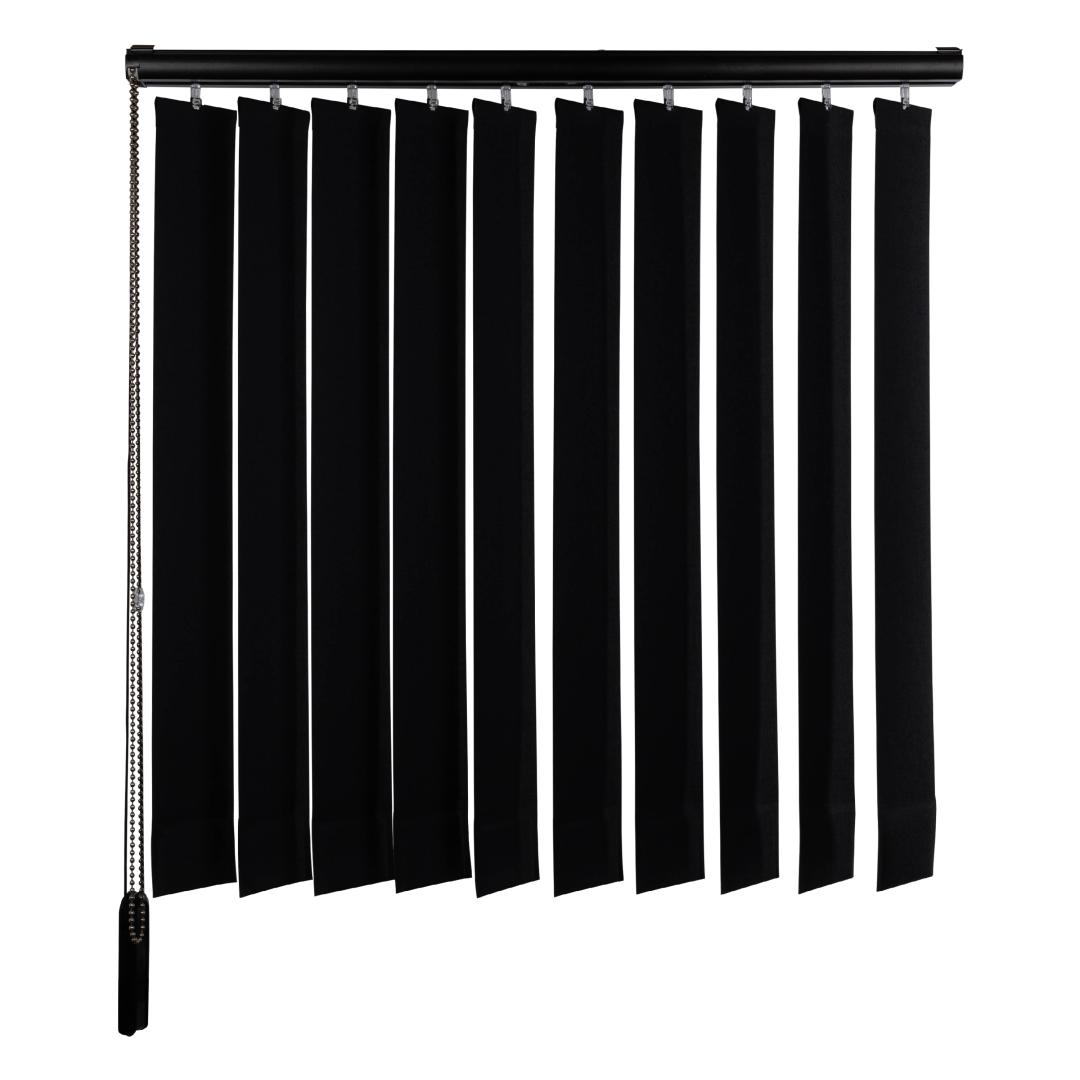 Solano stoffen lamelgordijn 89 mm | Stofkleur: Zwart 3414 Verduisterend | Handbediend metalen ketting | Systeemkleur: Zwart | Ingesealde bodemplaat zonder verbindingsketting
