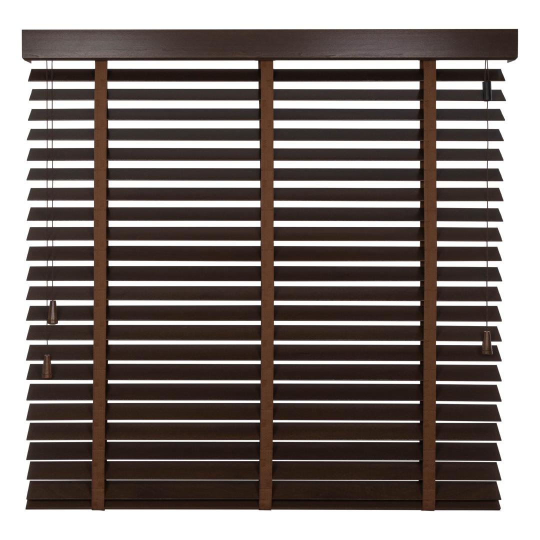 Solano premium houten jaloezie 50 mm | lamelkleur: 6020 walnoot met nerf | ladderband: 6251 visgraat kaneelbruin