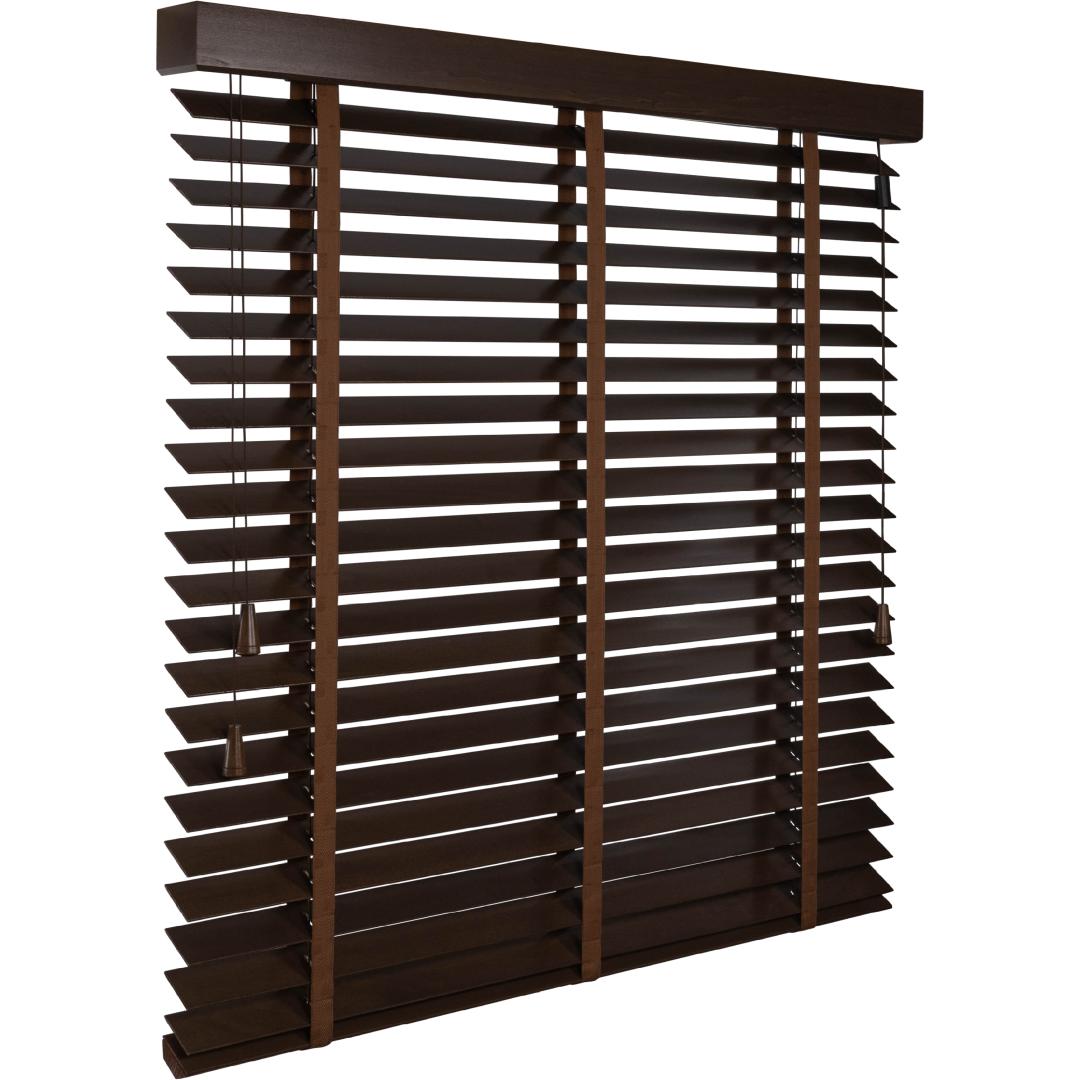 Solano premium houten jaloezie 50 mm | lamelkleur: 6020 walnoot met nerf | ladderband: 6251 visgraat kaneelbruin