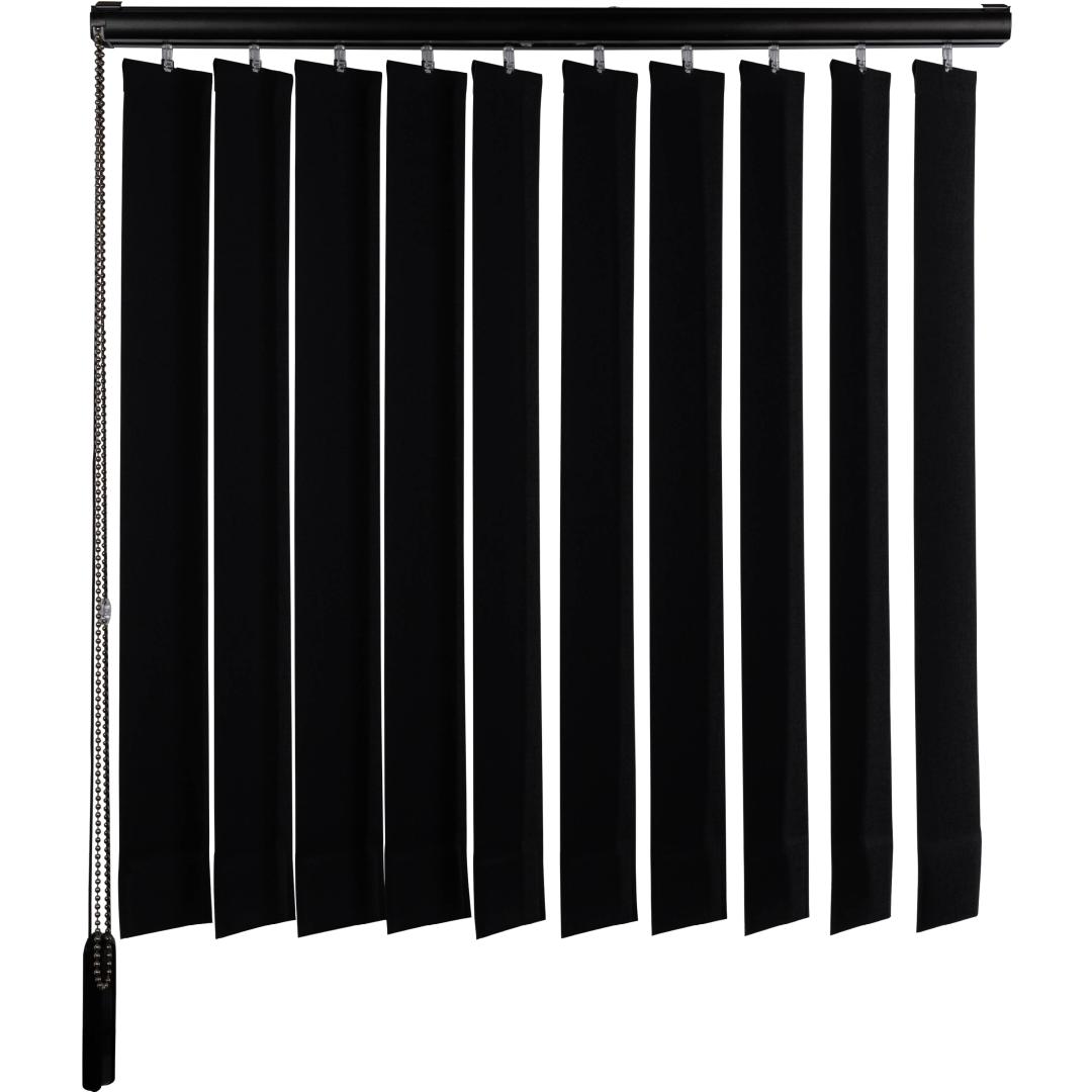 Solano stoffen lamelgordijn 89 mm | Stofkleur: Zwart 3414 Verduisterend | Handbediend metalen ketting | Systeemkleur: Zwart | Ingesealde bodemplaat zonder verbindingsketting