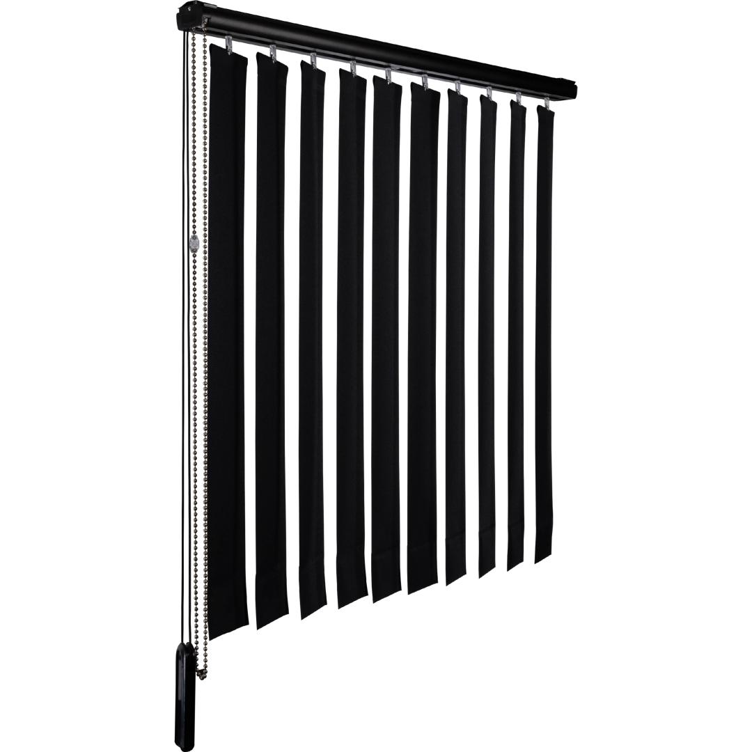 Solano stoffen lamelgordijn 89 mm | Stofkleur: Zwart 3414 Verduisterend | Handbediend metalen ketting | Systeemkleur: Zwart | Ingesealde bodemplaat zonder verbindingsketting