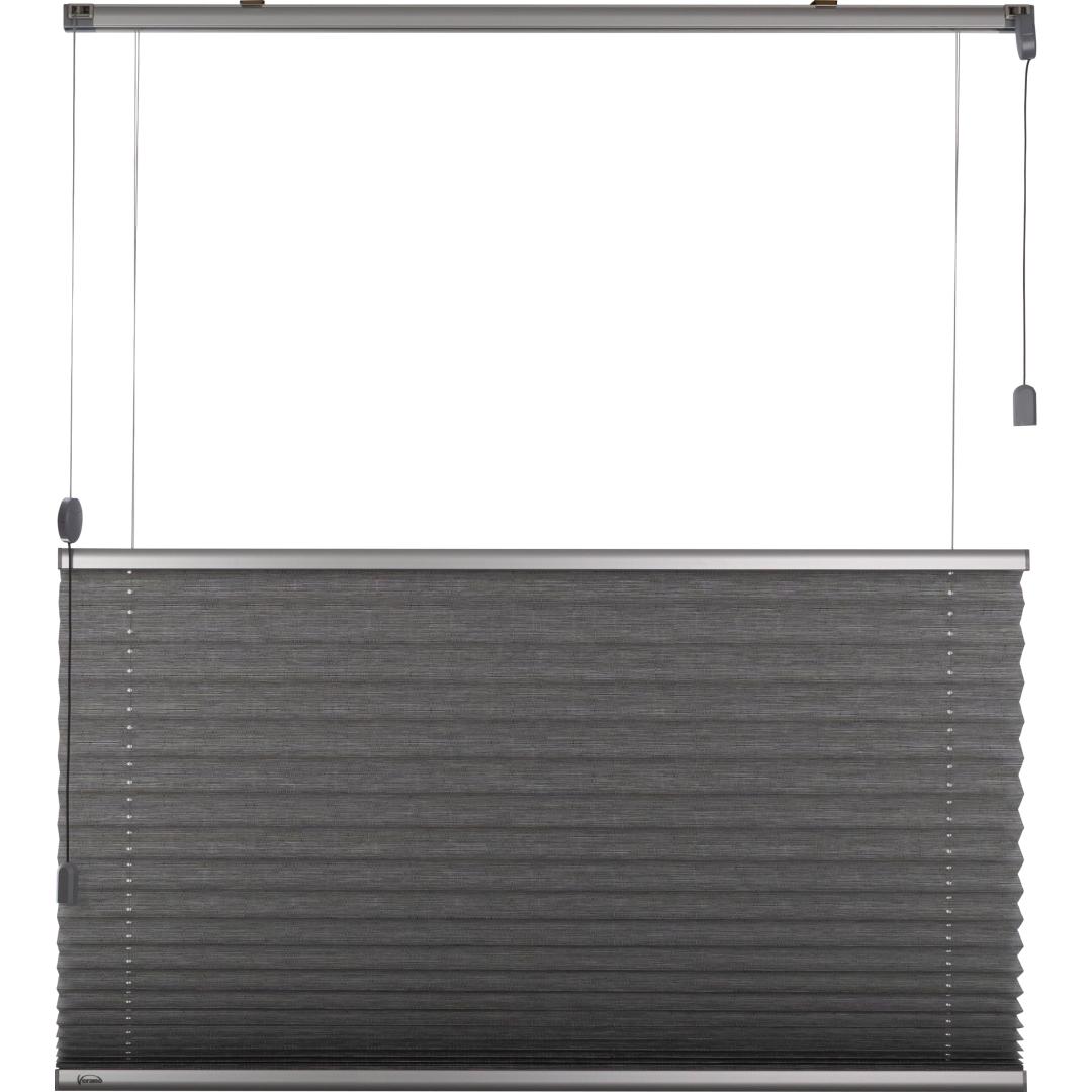 Verano plisségordijn: Stof: 72.0184 Kiezelgroen | Bovenbak en onderlat: Zilver | Bediening: Top Down Bottom up met trekkoord