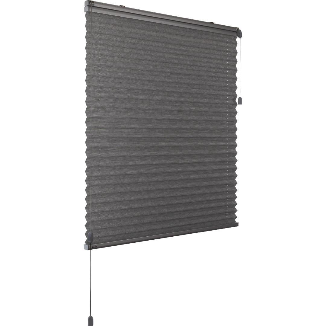 Verano plisségordijn: Stof: 72.0184 Kiezelgroen | Bovenbak en onderlat: Zilver | Bediening: Top Down Bottom up met trekkoord