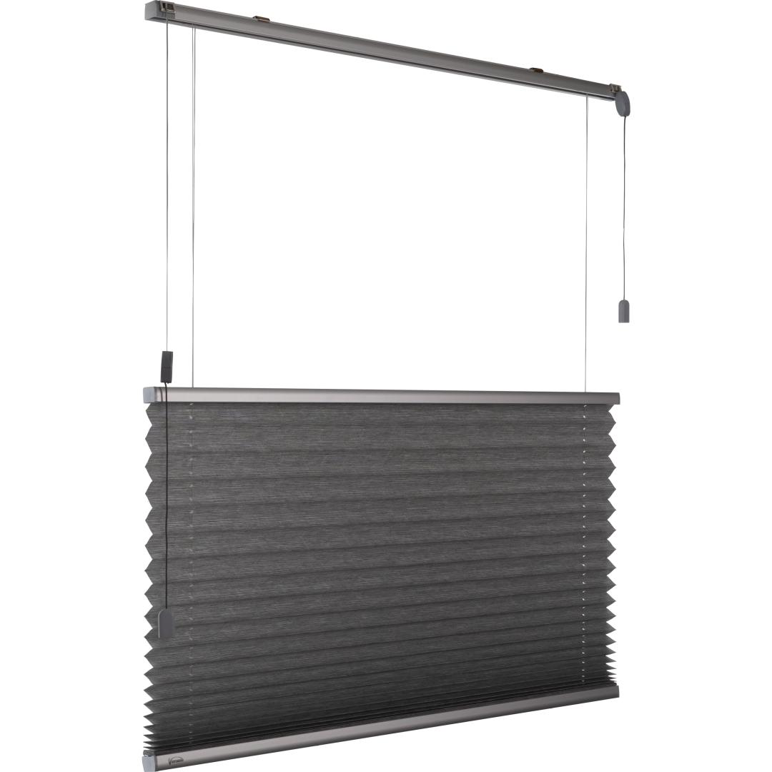 Verano plisségordijn: Stof: 72.0184 Kiezelgroen | Bovenbak en onderlat: Zilver | Bediening: Top Down Bottom up met trekkoord