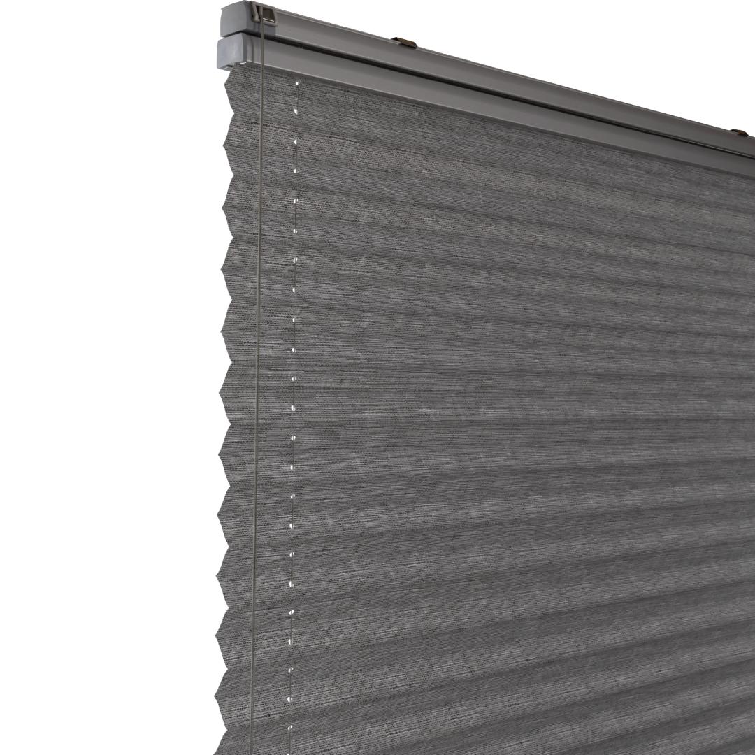 Verano plisségordijn: Stof: 72.0184 Kiezelgroen | Bovenbak en onderlat: Zilver | Bediening: Top Down Bottom up met trekkoord