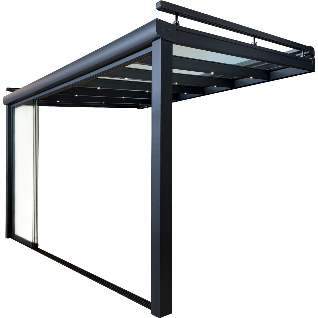Verano Ledro overkapping met Oslo verandazonwering en glazen schuifwand