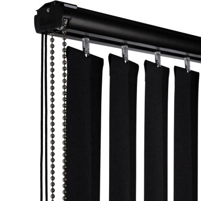 Solano stoffen lamelgordijn 89 mm | Stofkleur: Zwart 3414 Verduisterend | Handbediend metalen ketting | Systeemkleur: Zwart | Ingesealde bodemplaat zonder verbindingsketting